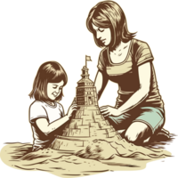 The mother and her daughter are building a sandcastle png