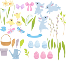 content Pâques ensemble. mignonne bleu lapins et poulets, Pâques œufs, œufs, arrosage peut, panier, saule, plumes et fleurs. main tiré plat dessin animé éléments. png