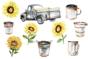 Watercolor gray truck, rusty garden equipment and yellow sunflowers, hand drawn illustration of old car and summer flowers..Perfect for scrapbooking, kids design, invitation,posters,greetings cards. png