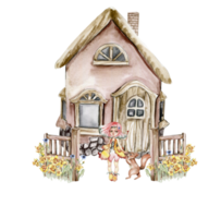 acuarela granja composición con flores casa en dibujos animados estilo. mano dibujado ilustración de verano.perfecto para álbum de recortes, niños diseño, Boda invitación,carteles, saludos tarjetas, fiesta decoración. png