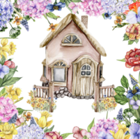 Watercolor farm composition with flowers. House in cartoon style. Hand drawn illustration of summer.Perfect for scrapbooking, kids design, wedding invitation,posters, greetings cards,party decoration. png