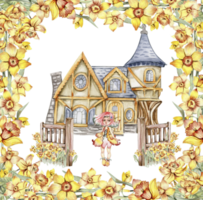 waterverf boerderij samenstelling met bloemen. huis in tekenfilm stijl. hand- getrokken illustratie van zomer.perfect voor scrapbooken, kinderen ontwerp, bruiloft uitnodiging, affiches, groeten kaarten, feest decoratie. png