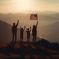 siluetas de cuatro niños con Estados Unidos bandera en puesta de sol a parte superior de montaña, generativo ai. foto