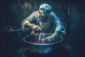 Horror doctor wash blood at hospital. . photo