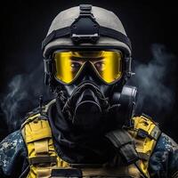 Portrait of a special forces soldier in yellow eye mask. The concept of military units, . photo