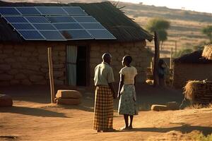 Rear view of african couple front house with solar panels in Africa village. . photo