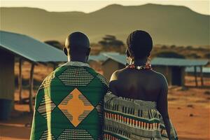 Rear view of african couple in traditional clothes front solar panels in Africa village. . photo