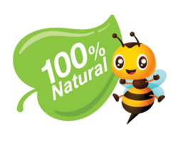 Cartoon honey bee beside leaf icon with 100 percent natural wording for healthy product illustration png