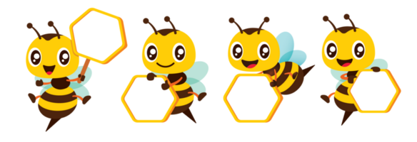 Set of cartoon happy bee character holding empty honeycomb shaped signboard. Protect the environment concept flat design png