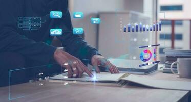 Document data system Report  HR technology Concept Businessman Manager  checking  white documents reports papers with files folder and chart icons in office background photo