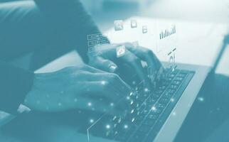 business plan strategy data analysis concept, businessman using computer tablet working virtual diagram, connection organisation chart, analyst data analysis, business report photo
