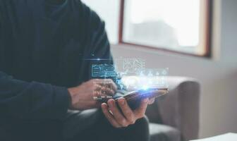data analysis concept, businessman using smartphone analysing on diagram project management , trading graph, big data, business strategy and plans photo