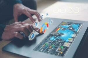 business plan strategy data analysis concept, businessman using computer laptop working virtual diagram, connection organisation chart, analyst data analysis, business report photo