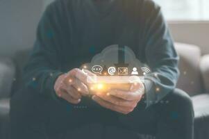 cloud technology internet network concept, man using smartphone searching or working on social online platform messaging email contact us photo