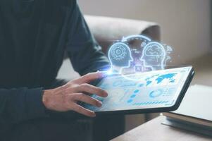 artificial intelligence Digital transformation change management, internet of things. man using computer tablet working on virtual diagram, smart industry.Ai tech photo