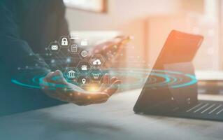 Global network connection concept. Big data analytics and business intelligence concept. internet network technology, man holding virtual icons photo