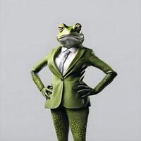 Funny business woman in green suit with frog head on gray background. photo
