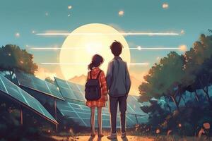 Cartoon illustration of couple and solar panels. . photo