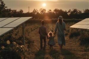 posterior ver de madre con niños caminar cerca solar paneles en puesta de sol campo. generativo ai. foto