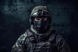 Portrait of military man. Soldier on a brick background. Special forces. . photo