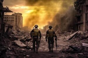 Back of two military men walking on city ruin. War operations, special forces. . photo