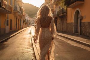 Back walking gorgeous beautiful slim chic girl with long blond hair in summer dress outdoor. . photo