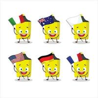 Yellow highlighter cartoon character bring the flags of various countries vector