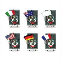 Numeric on tablet cartoon character bring the flags of various countries vector