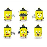 Yellow highlighter cartoon character are playing games with various cute emoticons vector
