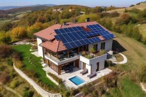 encima ver de enorme campo casa con piscina y solar paneles en techo. generativo ai. foto