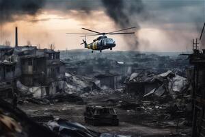 City war battlefield background with helicopter on air, destructed buildings. . photo