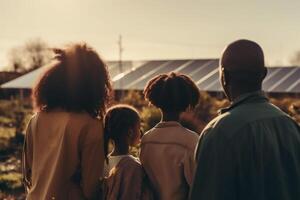 posterior ver de africano americano familia frente solar paneles generativo ai. foto