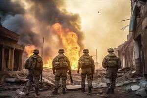 Four military men. A group of soldiers on a background city on fire. War operations. . photo