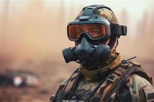 Portrait of soldier on protective face mask in war. . photo
