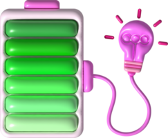 illustration 3d. batteri ikon med avgift nivå indikator och lysande Glödlampa. minimalistisk tecknad serie stil png