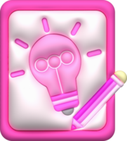 Illustration 3d. ein Stift zu schreiben ein Licht Birne auf ein Notizbuch. Arbeit Idee Konzept png