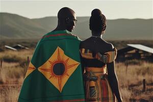 Rear view of african couple in traditional clothes front solar panels in field. . photo