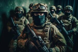 Portrait of military men. A group of soldiers. War operations, special forces. . photo
