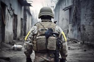 Back of soldier in ruin town. War operation. . photo