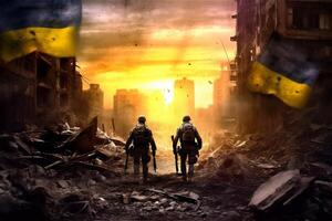 Two soldiers against Ukrainian flag in ruined city. War in Ukraine concept. . photo