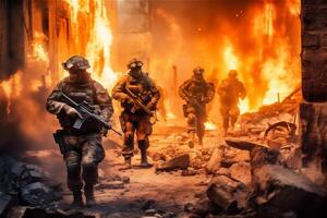 Four military men run in burning city. A group of soldiers on a background of fire in ruin.  War operations, special forces. Generative AI. photo