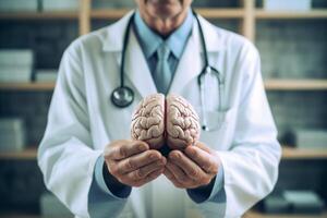 Doctor hold brain, cognitive rehabilitation, dementia. . photo