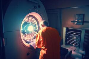 Old doctor stand near futuristic MRI scan in hospital. . photo
