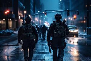 Two soldiers walk in night big city. Special forces war operation. Curfew concept. . photo