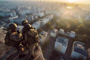 Portrait of three military men on roof. A group of soldiers on a background city. War operations, special forces. . photo