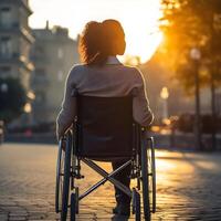 espalda ver de discapacitado africano americano dama disfrutando su vida, al aire libre en puesta de sol. generado ai. foto
