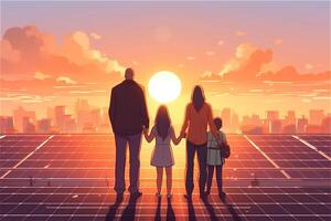 Cartoon illustration of family and solar panels in sunset. . photo