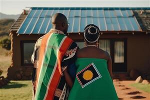 Rear view of rich african couple in traditional clothes front solar panels house in South Africa. . photo