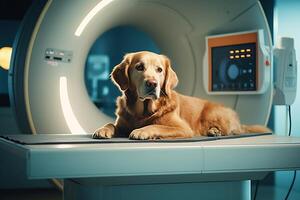 perro en mesa examen en veterinario clínica a resonancia magnética cuidado acerca de Doméstico animales generativo ai. foto