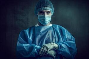 Medicine and profession. Male doctor in protective facial mask and uniform. . photo